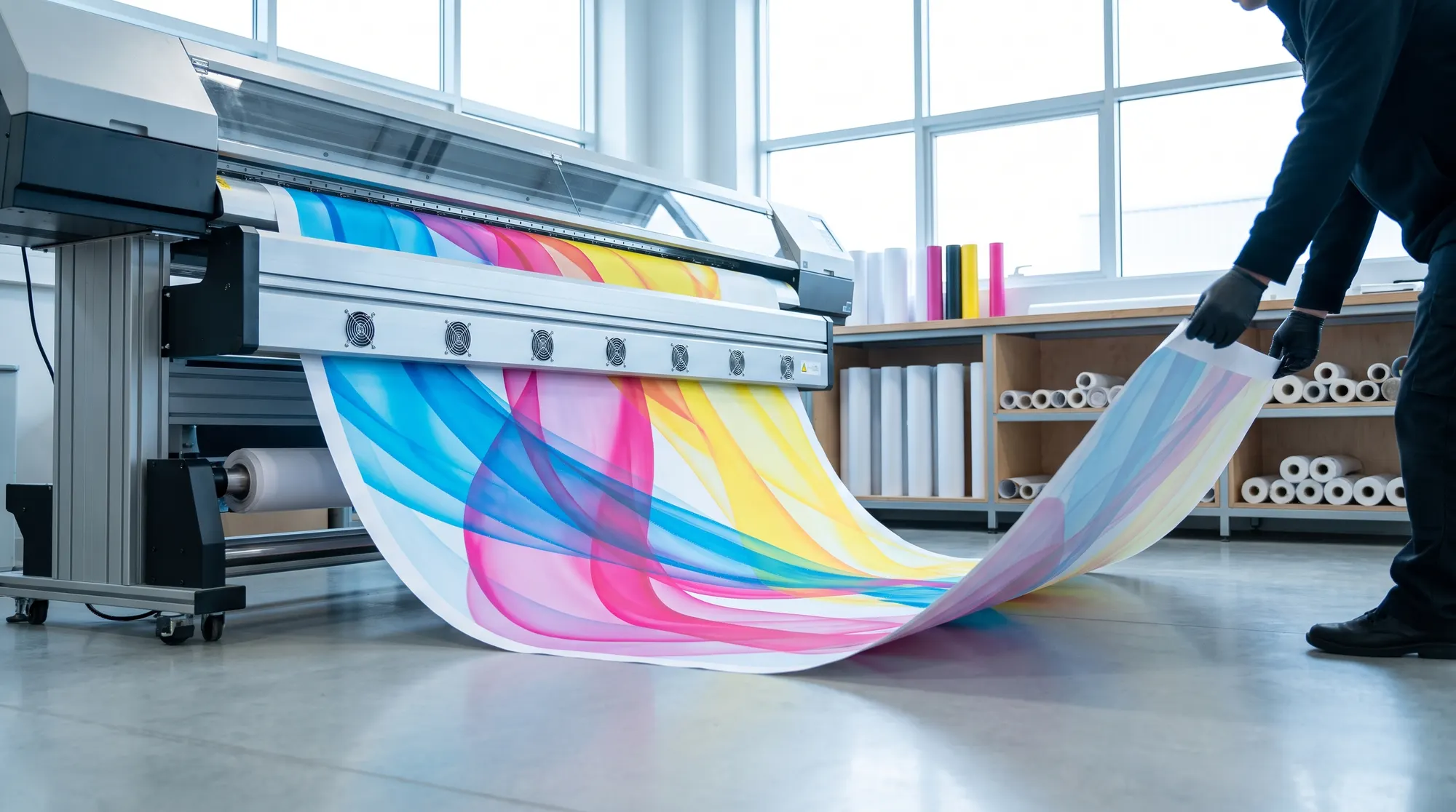 Wide-format printer producing a vivid banner in a print shop