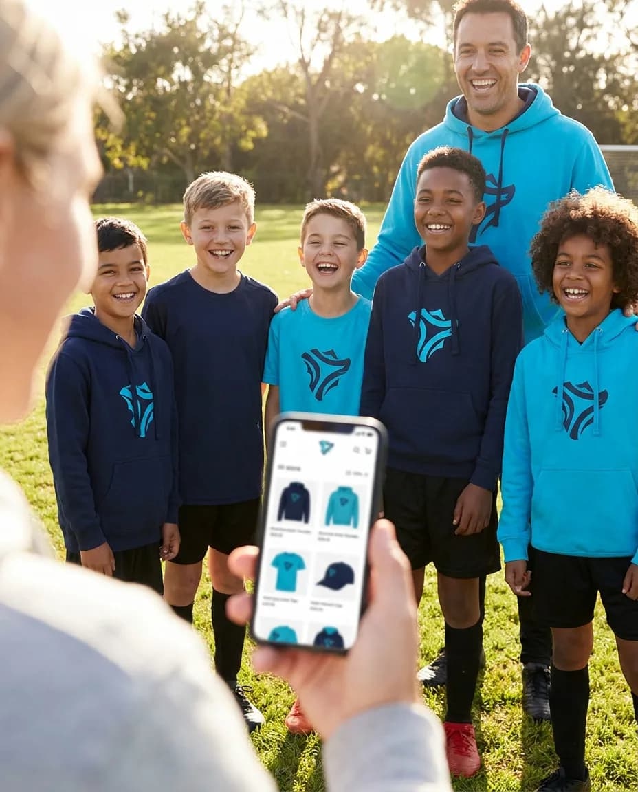 Youth team in matching custom hoodies while a parent orders from the team's online store on a phone